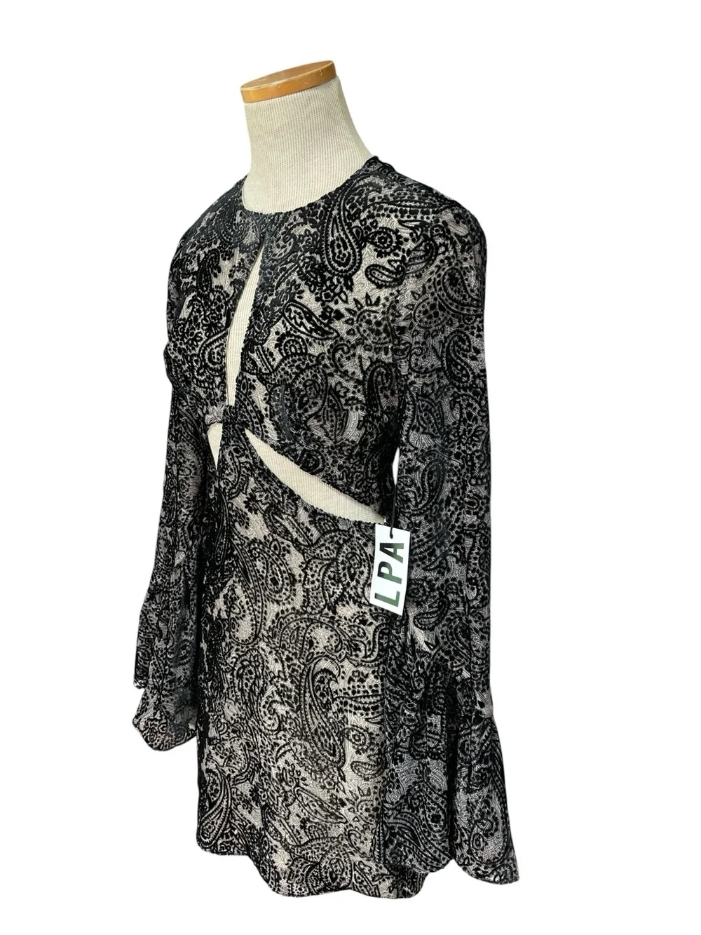 LPA Revolve Dress Cut Outs Bell Sleeves Black Paisley NWT Size XS